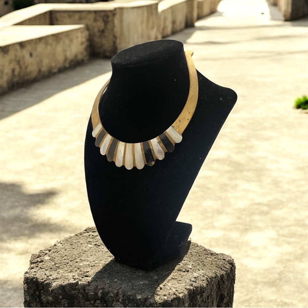 Vintage Egyptian Brass‎ Mother of Pearl Stone Incolay Collar Choker